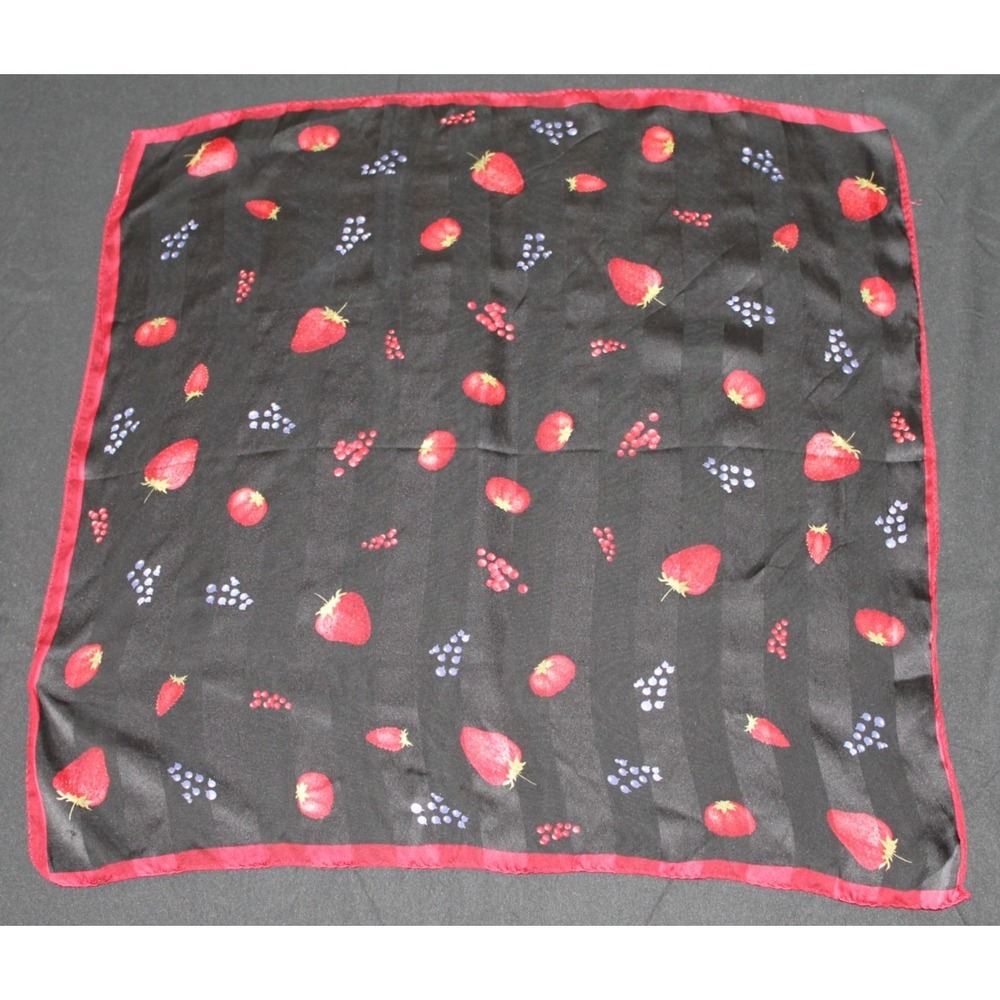 Vintage Fruit Print Square Scarf Strawberries Grapes Black Red Silky 21"